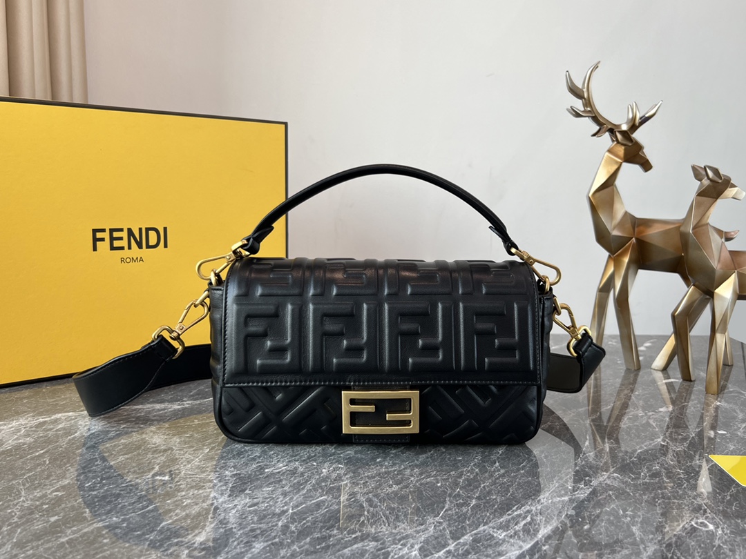 Fendi Medium Baguette Nappa Leather with FF Motif Shoulder Bag Black